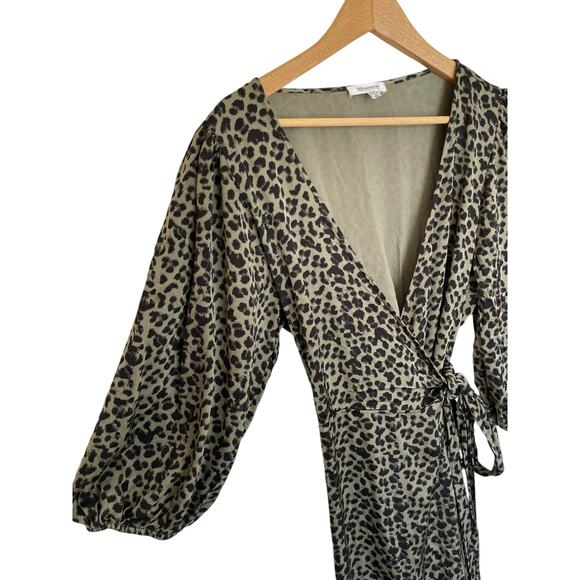 Good American Leopard Wrap Dress 5 XXL Military Green High Low Hem Puff Sleeve - Picture 4 of 12